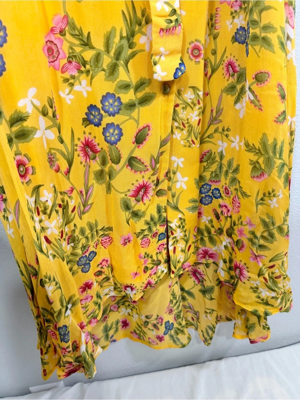 Rene Derhy Dress Yellow Pink Floral Maxi Button Down Flowy Tie Belt Women L - Picture 2 of 8
